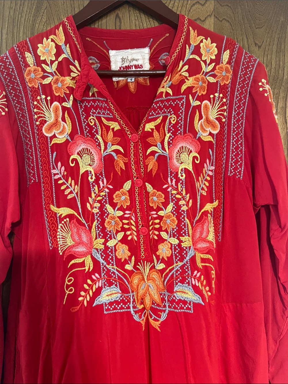 Johnny Was Red Floral Embroidered Boho   Dress